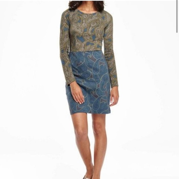 BODEN Hotchpotch Blue Two Tone Paisley Contrast Midi Dress 3/4 Sleeve Size 8 - Picture 1 of 16
